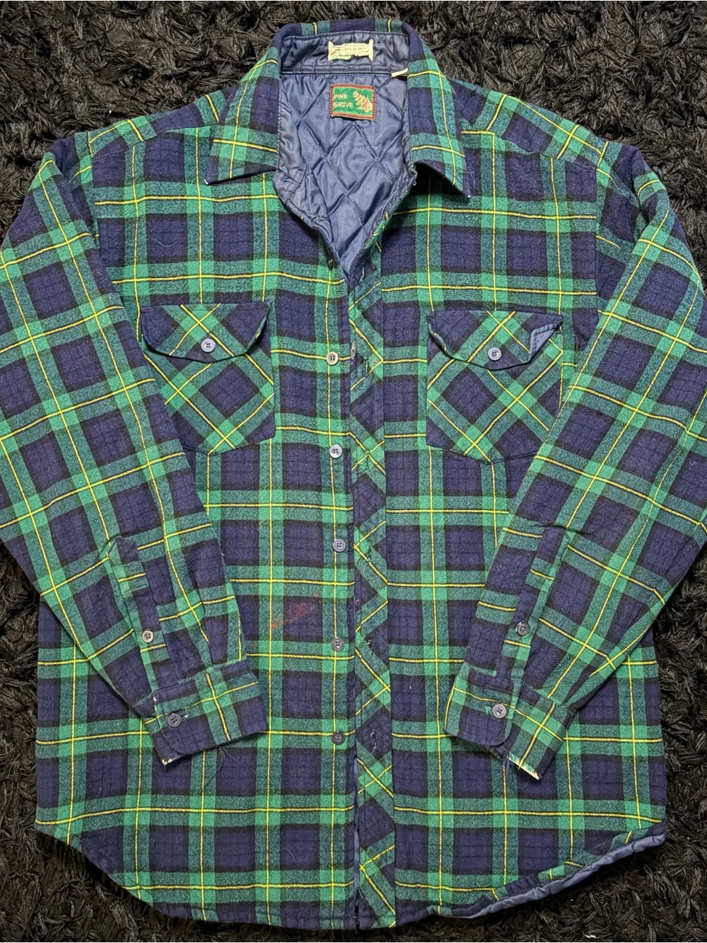 Vintage Pine Grove Quilt-Lined Plaid Flannel Shirt - Green/Navy